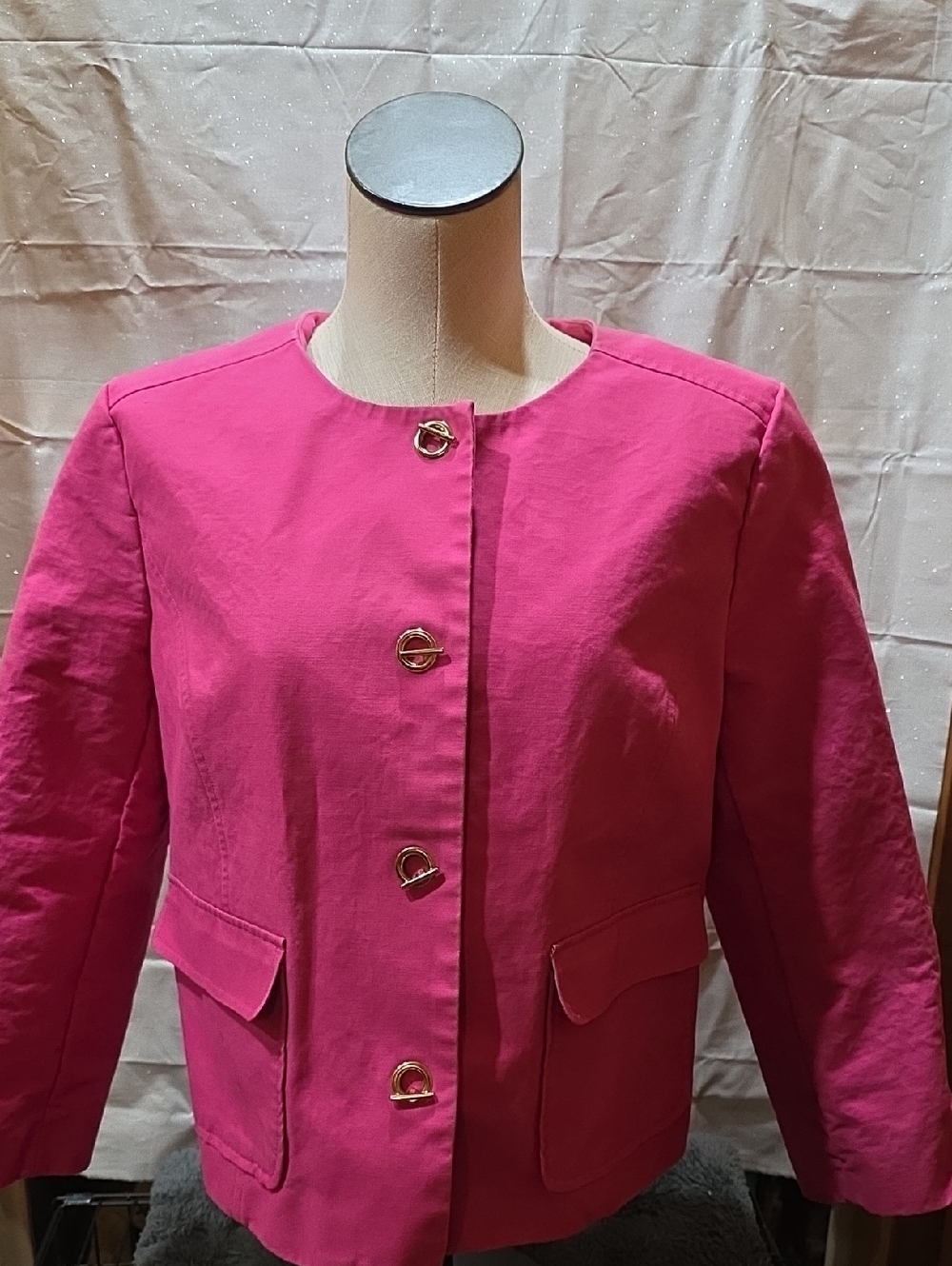 Dana Buchman Bright Pink Collarless Jacket with Gold Buttons